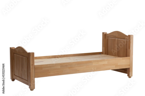 Wooden sleeping bed. New wooden bed frame on white background view sideways.