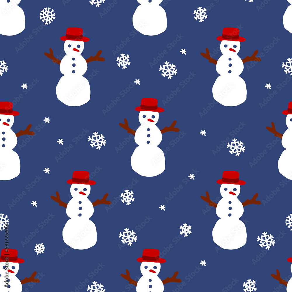 Christmas seamless pattern with snowman on blue background, Winter pattern with snowflakes, wrapping paper, pattern fills, winter greetings, web page background, Christmas and New Year greeting cards