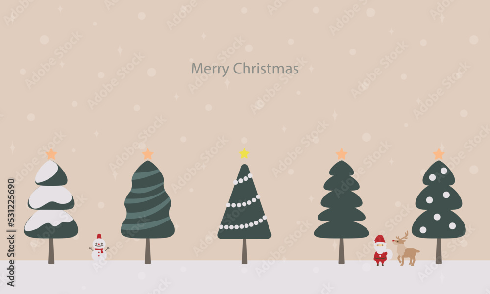 雪の中のクリスマスツリーとサンタクロースとトナカイと雪だるま
