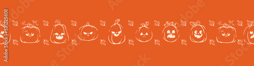 Cute scary seamless pattern with white pumpkins on orange background, Pumpkin patch background foe web banners, background. Vector illustration