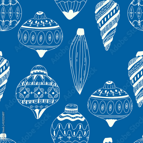 Christmas pattern with new years toy white color consisting of xmas tree, ball, snowflake art deco line style for poster, sale, greeting cards, product promotion, web, decoration. Vector Illustration
