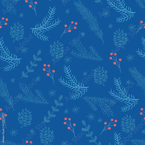 Winter seamless pattern with christmas trees, spruce woods, pine cone and berries on blue background. Surface design for textile, fabric, wallpaper, wrapping, giftwrap, paper, scrapbook and packaging.