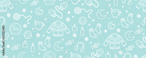 Merry Christmas, Happy New Year seamless pattern with tree, socks, sweater, pine cone and snowflakes for greeting cards, wrapping papers. Seamless winter pattern. Vector illustration.