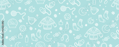 Merry Christmas  Happy New Year seamless pattern with tree  socks  sweater  pine cone and snowflakes for greeting cards  wrapping papers. Seamless winter pattern. Vector illustration.