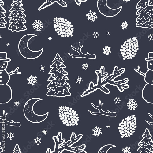 Merry Christmas, Happy New Year seamless pattern with tree, snowman, branches and moon for greeting cards, wrapping papers. Seamless winter pattern. Vector illustration.
