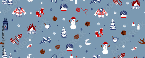 Merry Christmas, Happy New Year seamless pattern with tree, socks, sweater, pine cone and snowflakes for greeting cards, wrapping papers. Seamless winter pattern. Vector illustration.