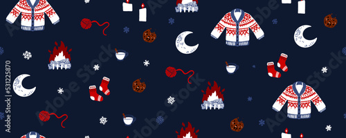 Merry Christmas, Happy New Year seamless pattern with tree, socks, sweater, cookies and moon for greeting cards, wrapping papers. Seamless winter pattern. Vector illustration.