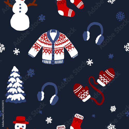 Merry Christmas, Happy New Year seamless pattern with tree, socks, gloves, headphones and snowman for greeting cards, wrapping papers. Seamless winter pattern. Vector illustration.