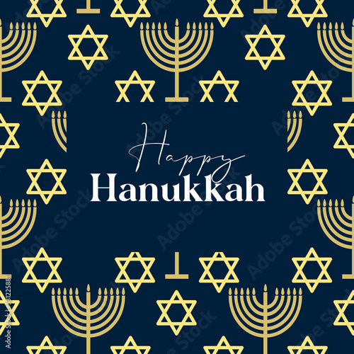 Happy Hanukkah card design with gold symbols on blue color background for Hanukkah Jewish holiday