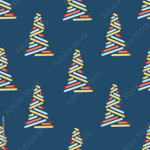 Winter seamless pattern with christmas trees, spruce woods on blue background. Surface design for textile, fabric, wallpaper, wrapping, giftwrap, paper, scrapbook and packaging. Swiss design.
