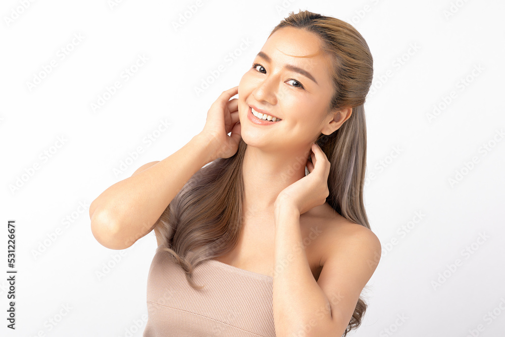 Happy beautiful young asian woman clean fresh bare skin concept. Asian girl beauty face skincare and health wellness, Facial treatment, Perfect skin, Natural make up. Isolated on white background. Happy beautiful young asian woman clean fresh bare skin concept. Asian girl beauty face skincare and health wellness, Facial treatment, Perfect skin, Natural make up. Isolated on white background.