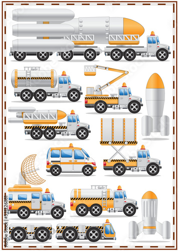 A set of special transport for the spaceport. Side view. Isolated on white background. Vector illustration.