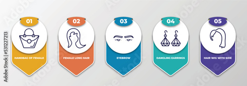 infographic template with thin line icons. infographic for woman clothing concept. included handbag of female, female long hair, eyebrow, dangling earrings, hair wig with side editable vector.
