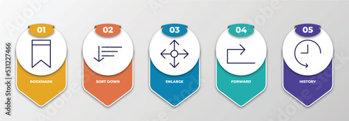infographic template with thin line icons. infographic for user interface concept. included bookmark, sort down, enlarge, forward, history editable vector.