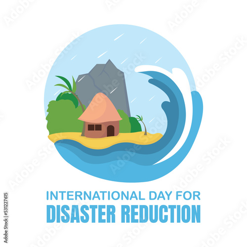 illustration vector graphic of the house on the beach will be hit by the sea waves, showing forest and mountain, perfect for international day, disaster reduction, celebrate, greeting card, etc.