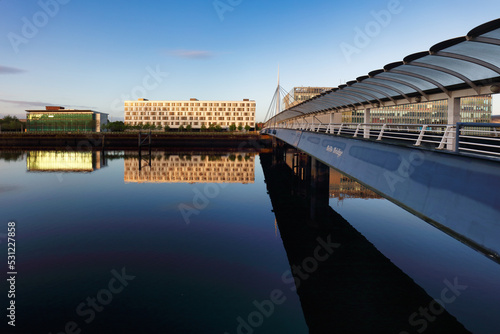 Glasgow city at sunrise, panorama wtih river Clyde, Scotland