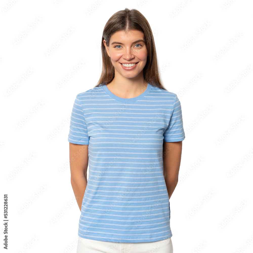Young woman with brown hair standing against white wall smiling, hiding hands behind back Young woman with brown hair standing against white wall smiling, hiding hands behind back