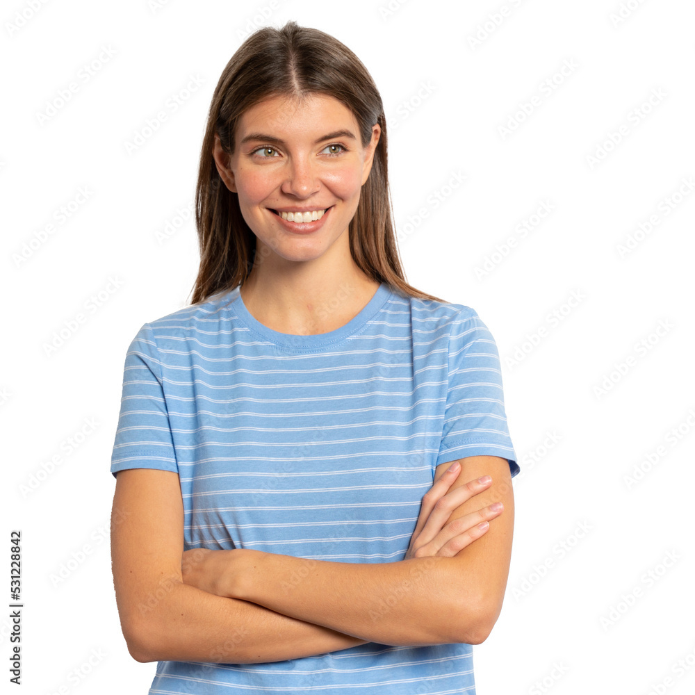 Smiling pensive woman in striped casual clothes standing with folded arms Smiling pensive woman in striped casual clothes standing with folded arms