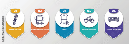 infographic template with thin line icons. infographic for transport concept. included shock breaker, bus front with driver, shift, bicycle side view, school bus empty editable vector.