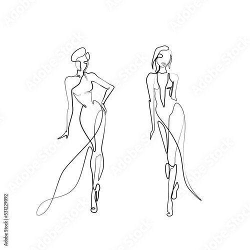 Beautiful fashion woman abstract silhouette, continuous line drawing, girl in long dress, single line on a white background, isolated vector illustration. Tattoo, print and logo design, beauty salon.