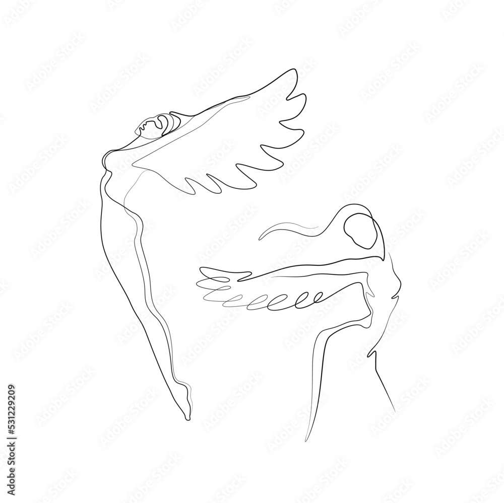 Woman with wings, continuous line drawing, small tattoo, print for clothes and logo design, emblem or logo design, silhouette one single line, isolated abstract vector illustration. Woman with wings, continuous line drawing, small tattoo, print for clothes and logo design, emblem or logo design, silhouette one single line, isolated abstract vector illustration.