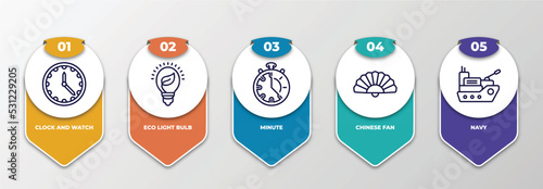 infographic template with thin line icons. infographic for tools and utensils concept. included clock and watch, eco light bulb, minute, chinese fan, navy editable vector.