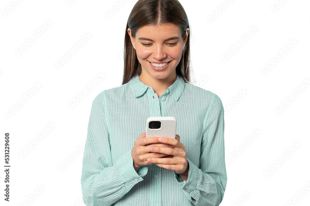 Smiling charming Caucasian student girl using mobile phone Smiling charming Caucasian student girl using mobile phone