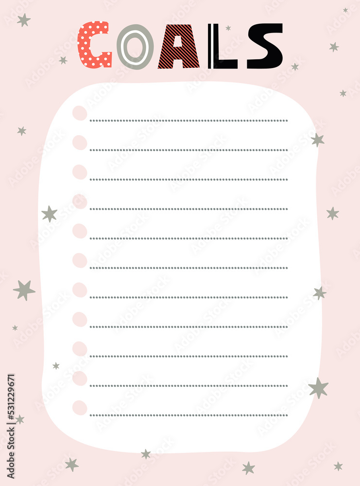 Goals list template. Vector illustration in winter design for planner ...