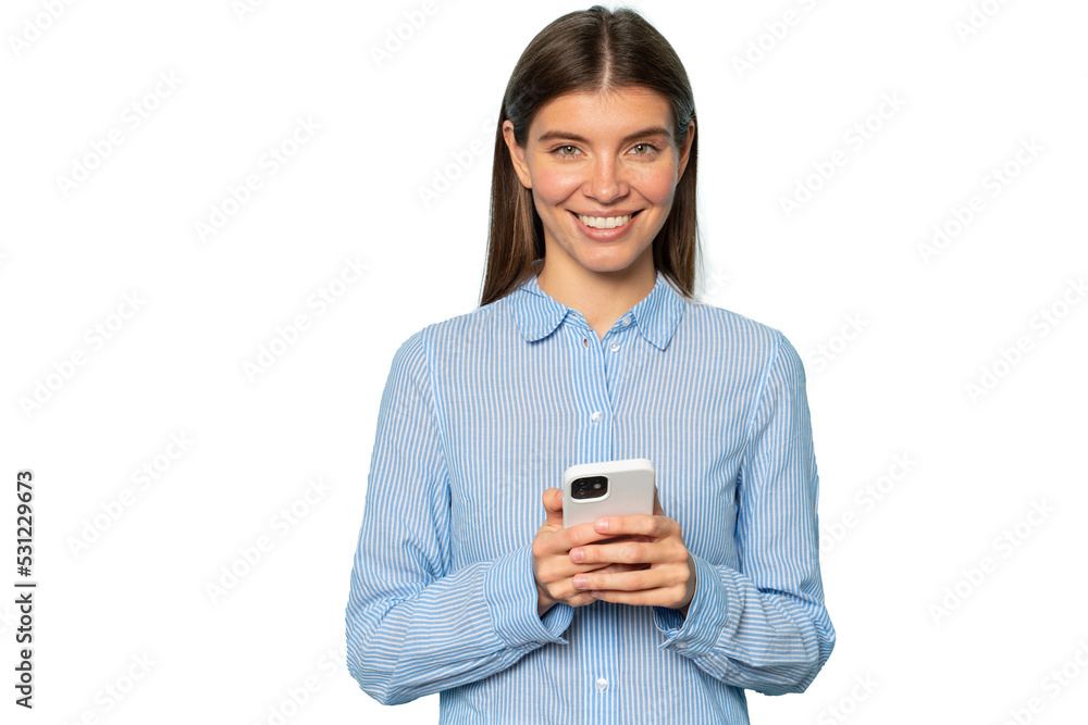 Confident smiling businesswoman with smartphone chatting with partners online Confident smiling businesswoman with smartphone chatting with partners online