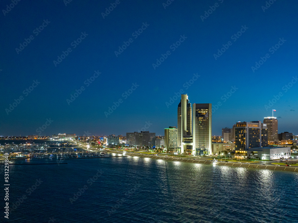 Obraz premium Corpus Christi, Texas, USA. July 18th, USA. Aerial shot of Corpus Christi water front downtown