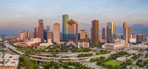 Houston, Texas. Sept. 12th, 2022 
Drone aerial of Houston Downtown Skyscrapers  at sunset.  photo