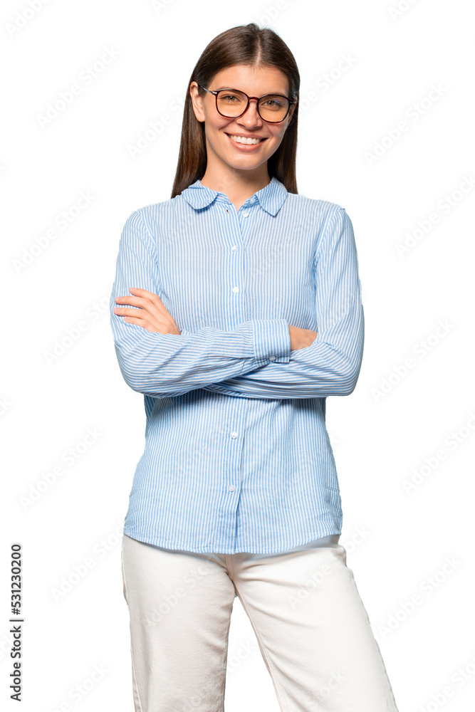 Bossy female project manager with crossed arms in glasses standing Bossy female project manager with crossed arms in glasses standing