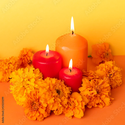 Marigold flowers and Candles.Flowers of cempasuchil  altar. Day of the dead concept dia de los muertos.copy space