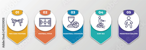 infographic template with thin line icons. infographic for sports concept. included two judo fighters, football pitch, basketball champion, surf sea, pedestrian walking editable vector.