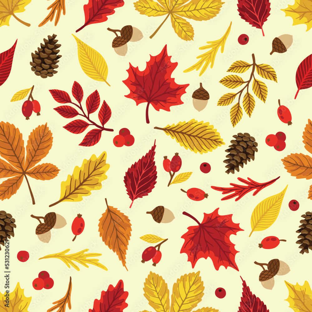 Fototapeta premium Autumn leaves pattern. Falling leaf seamless background with Oak, maple, chestnut, linden, aspen, walnut and rowan foliage.