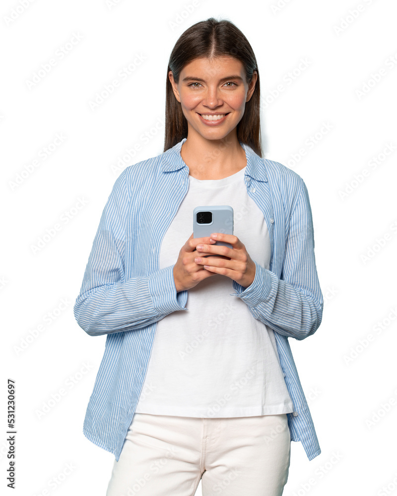 Picture of woman holding smartphone, filling in form online in job searching application Picture of woman holding smartphone, filling in form online in job searching application