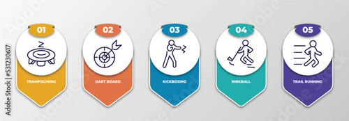 infographic template with thin line icons. infographic for sport concept. included trampolining, dart board, kickboxing, rinkball, trail running editable vector. photo