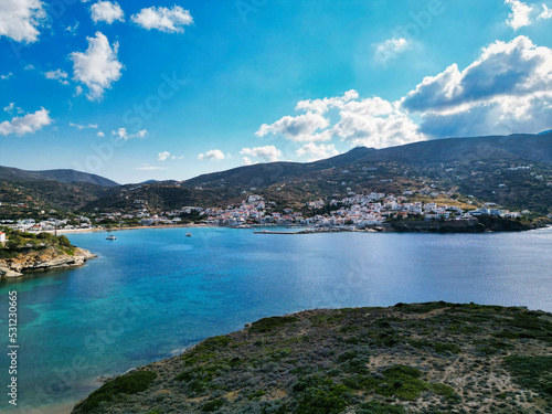 Batsi of Andros aerial picture as seen on a beautiful day  Cyclades  Greece