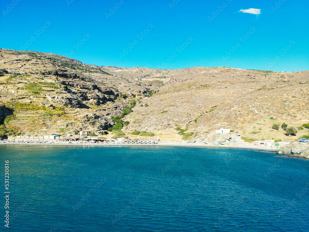 Aerial picture of Chalkiolimionas beach in Andros on a beautiful day, Cyclades, Greece
