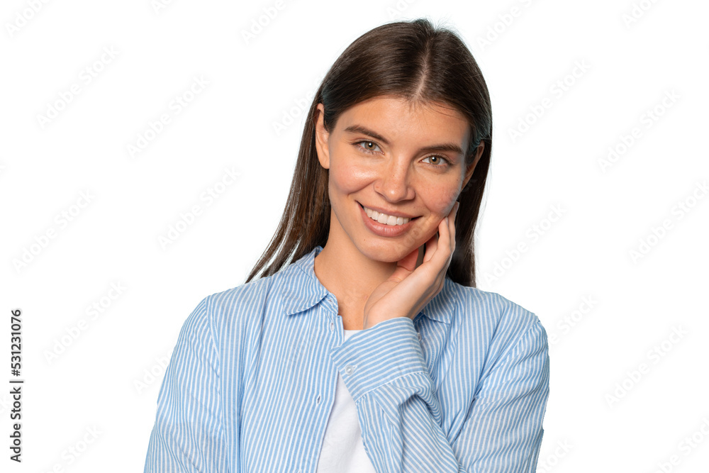 Shy adorable woman of 20s without make-up isolated Shy adorable woman of 20s without make-up isolated