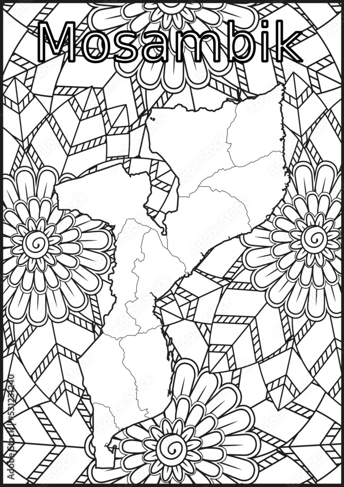 Schwarze und weiße Blume mit der Landkarte Mosambik in der Mitte Muster für Erwachsene Färbung Buch. Doodle floral Zeichnung. Kunsttherapie Färbung Seite.