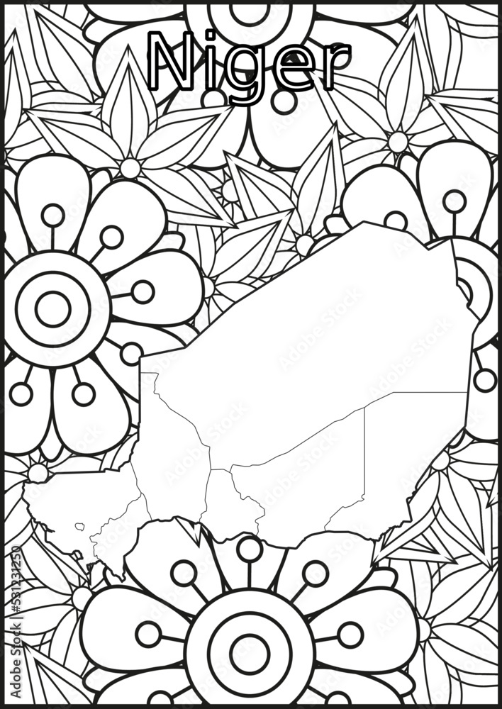 Obraz premium Schwarze und weiße Blume mit der Landkarte Niger in der Mitte Muster für Erwachsene Färbung Buch. Doodle floral Zeichnung. Kunsttherapie Färbung Seite.