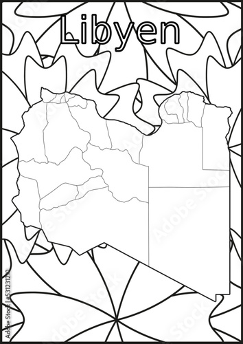Schwarze und weiße Blume mit der Landkarte Libyen in der Mitte Muster für Erwachsene Färbung Buch. Doodle floral Zeichnung. Kunsttherapie Färbung Seite.