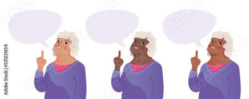 Femmes âgées aux cheveux gris, main et doigt levé, bulle de conversation pour texte, question ou information, communication pour sénior, maison de retraite, club de loisirs, gériatrie, vecteur