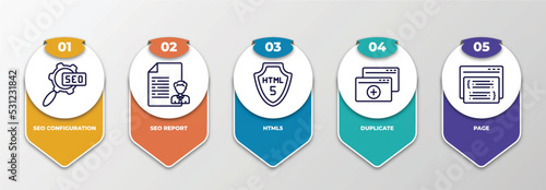 infographic template with thin line icons. infographic for programming concept. included seo configuration, seo report, html5, duplicate, page editable vector.