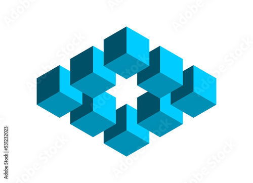Blue 3D cubes optical illusion. Rectangle shape made of small cubes. Impossible polygon object with a six pointed star in the middle. Geometric block floating in the air. Vector illustration  clip art