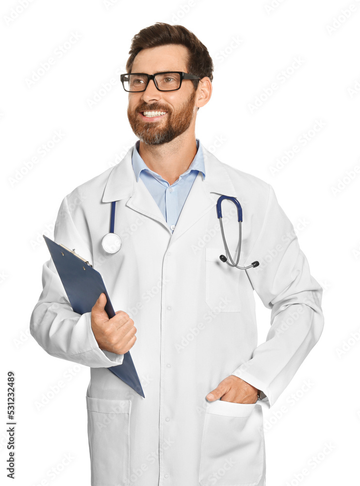 Doctor with stethoscope and clipboard on white background