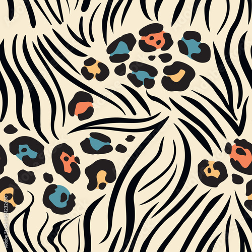 Seamless background of trendy exotic pattern with leopard skin and zebra stripes. Artistic collage of animal drawing. template for fabric design, cover, wallpaper.