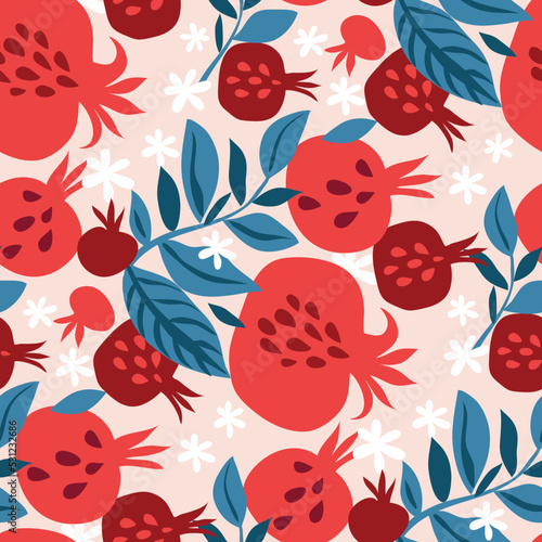 Beautiful  seamless pattern  with pomegranate   fruit for trendy summer design. Modern  texture for textile, paper, cover, fabric, interior decor, wrapping, wallpaper, packaging. Vector illustration