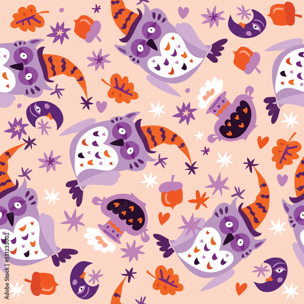 Happy Halloween seamless pattern   Pumpkin, bat, ghost, skull, star, owl, spider , hat. Vector cartoon illustration background
